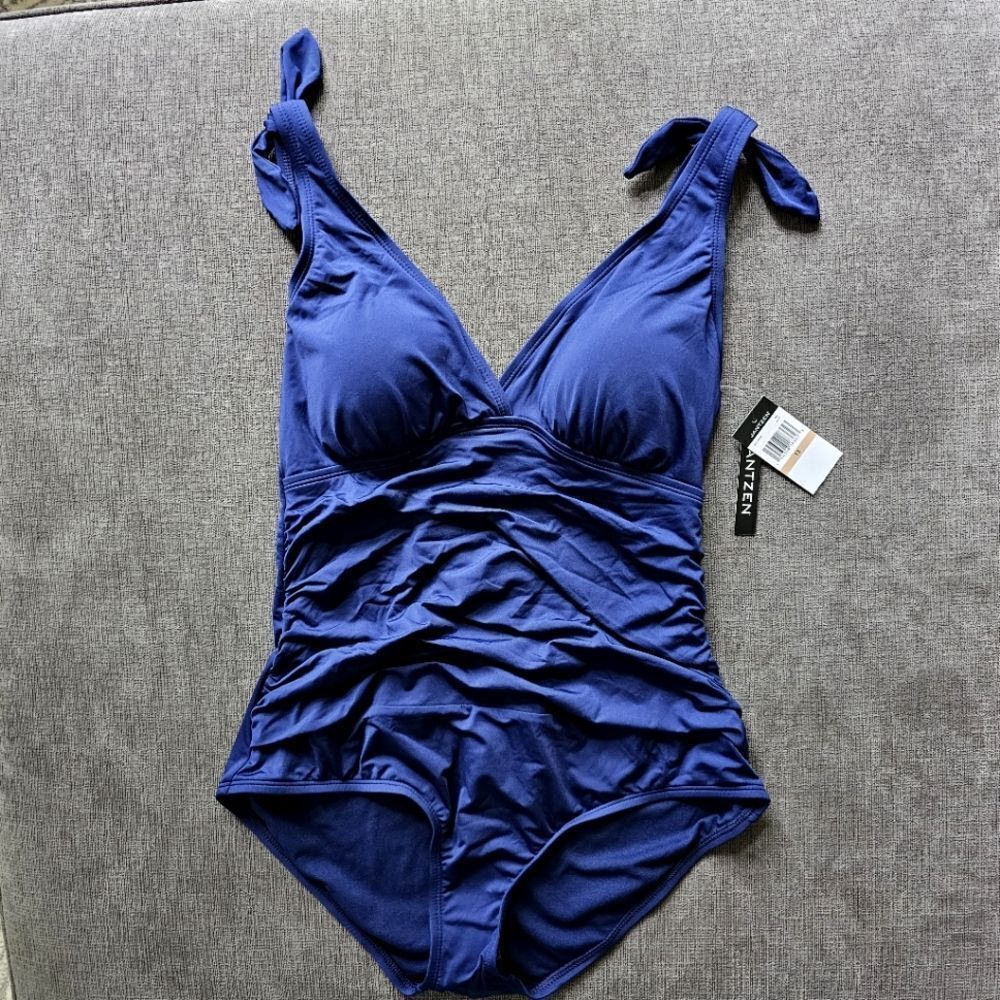 Jantzen Ruched shoulder tie One Piece Surplus Draped NAVY Swimsuit Sz 10